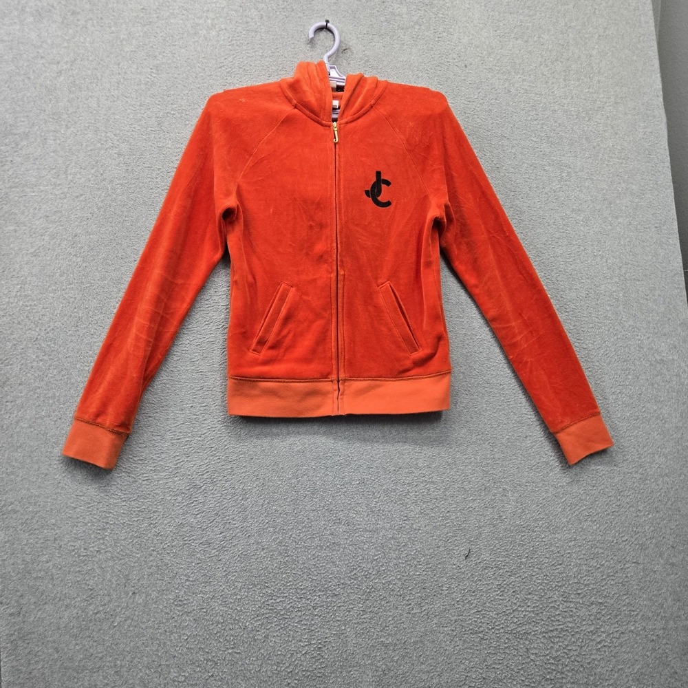Juicy Couture Women Hoodie M Orange Velour Cropped Logo Metallic Full Zip
